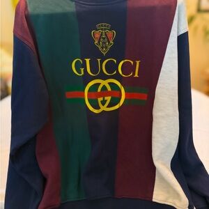 Gucci Men's Striped Logo Crewneck in Navy, Green, Burgundy and Cream